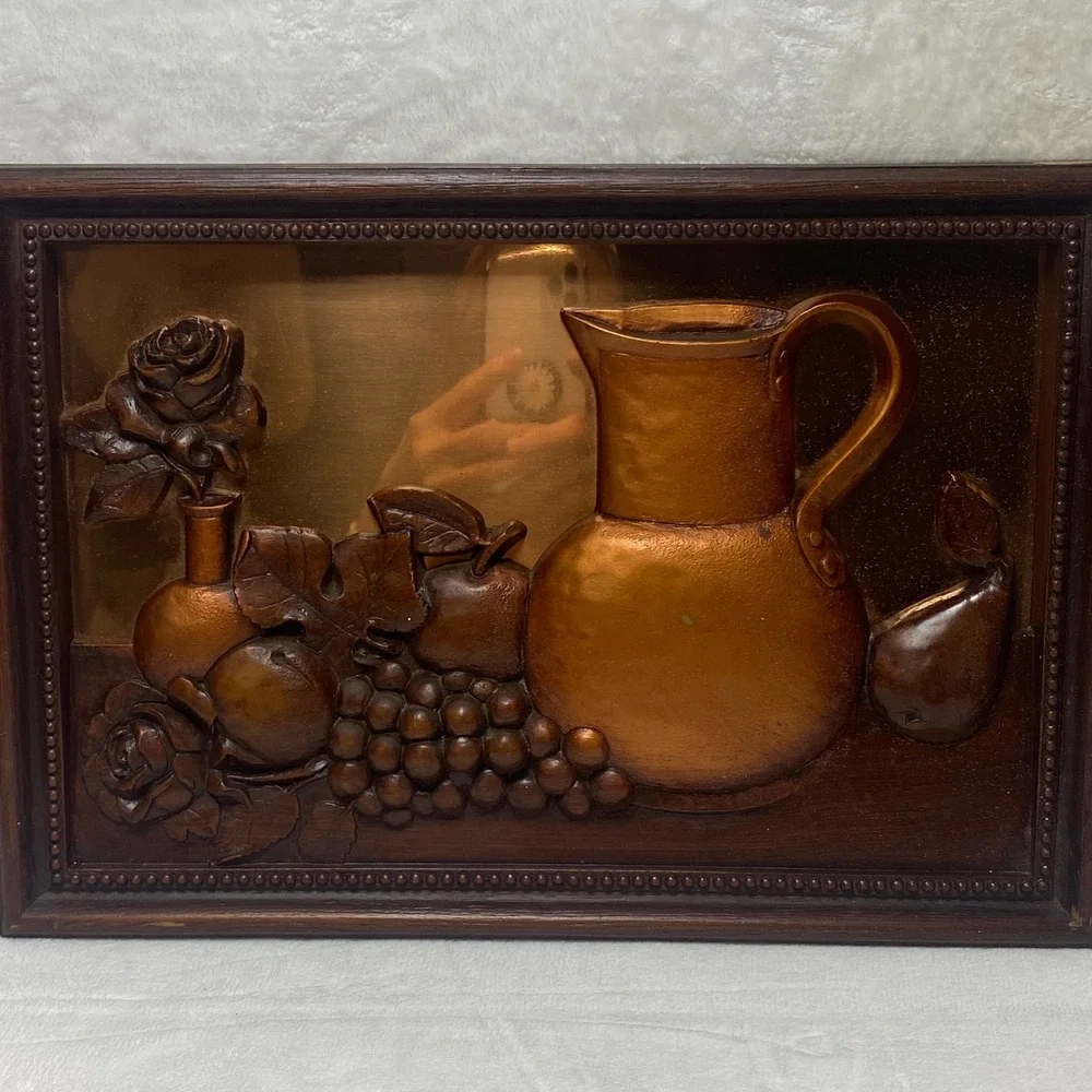 Vintage Copper Finish 3D Wall Art Pitcher Fruit‎ Embossed Metal Plaque